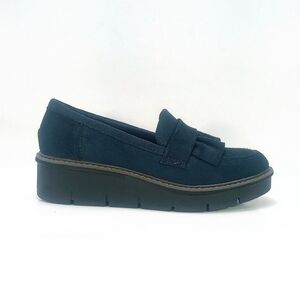 CLARKS Airabell Womens 7.5 Dark Blue Suede Wedge Platform Slip On Loafers